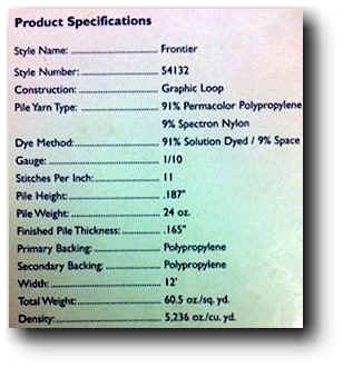 Carpet Manufacturer's Spec Sheet